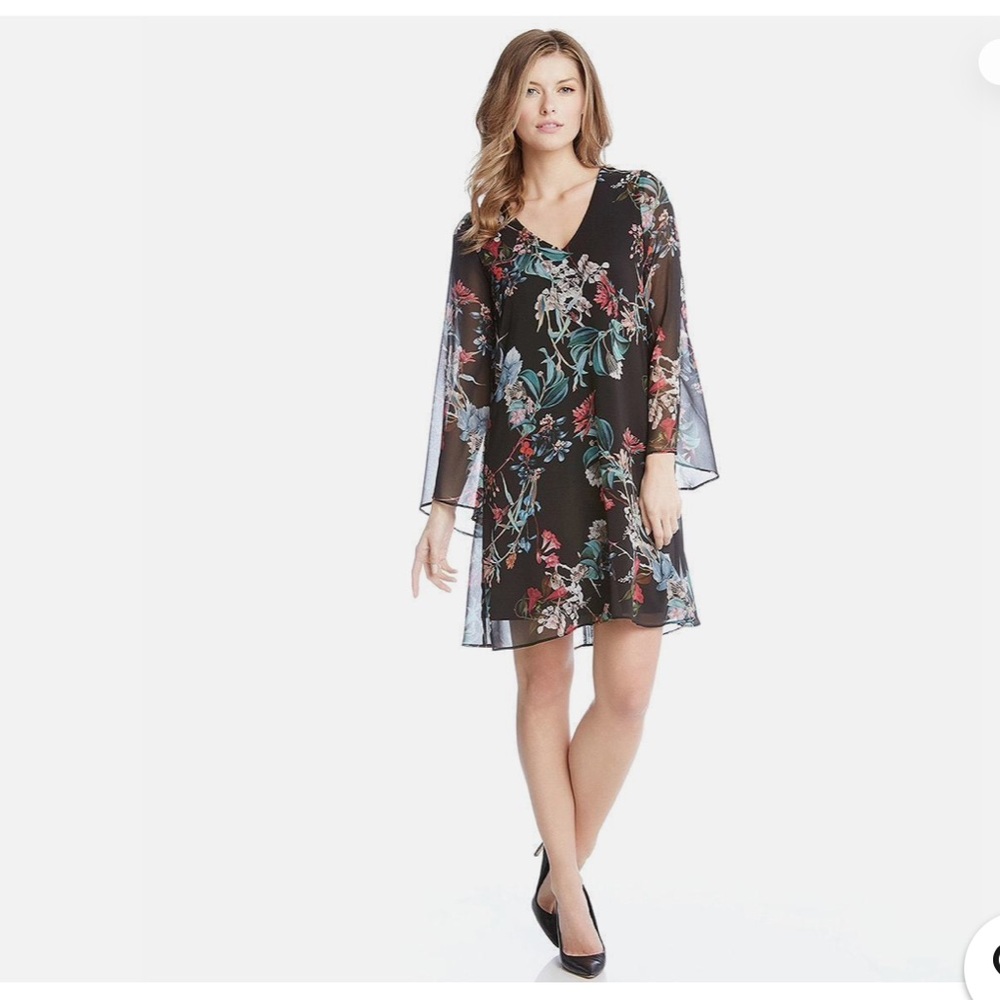 Karen Kane Black Floral V-Neck A-Line‎ Shift Dress Medium.